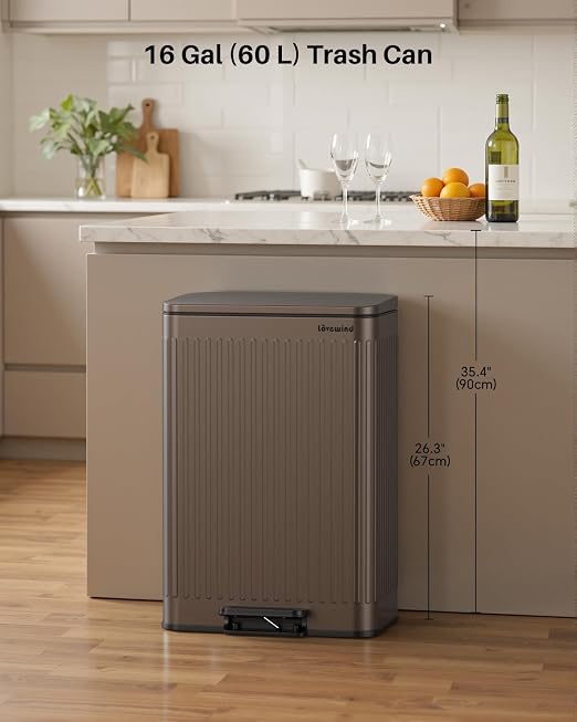 Lovewind 60 Liter/ 16 Gallon Stainless Steel Trash Can with Soft-Close Lid, Large Footstep Garbage Can with Roman Texture, Removable Inner Buckets, Recycling Bin for Kitchen Office, Brown