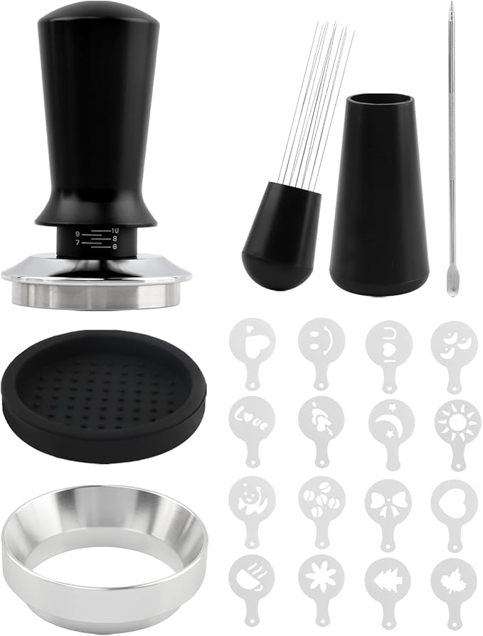 21 PCS Espresso Accessories Kit, Espresso Tamper Set with 51mm Coffee Tamper, WDT Tool, Tamper Mat, Dosing Funnel, Coffee Stencils, Latte Art Pen, Barista Tools, Espresso-Accessories(COLOR:Black)
