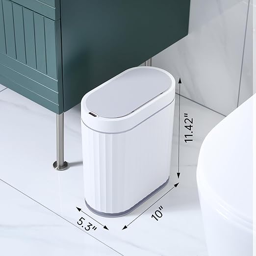 ELPHECO Bathroom Trash can Motion Sensor, Automatic Garbage can, Slim Plastic Smart Trash Bin with Lid, Commercial Intelligent Wastebaskets for Bedroom, Bathroom, Office, White Grey