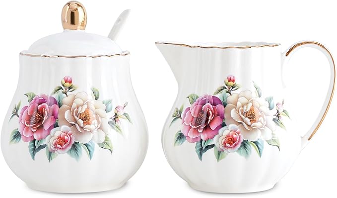 Ceramic Sugar and Creamer Set, 3 Piece Set with Cream Pitcher, Sugar Bowl, Spoon (Camellia)