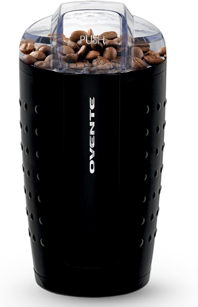 OVENTE Electric Coffee Grinder, Coffee Mill and Spice Grinder with 2.5oz Capacity, 150W Motor, One Touch Push-Button & Stainless Steel Blades for Uniform Grinding of Beans, Herb or Nuts, Black CG225B