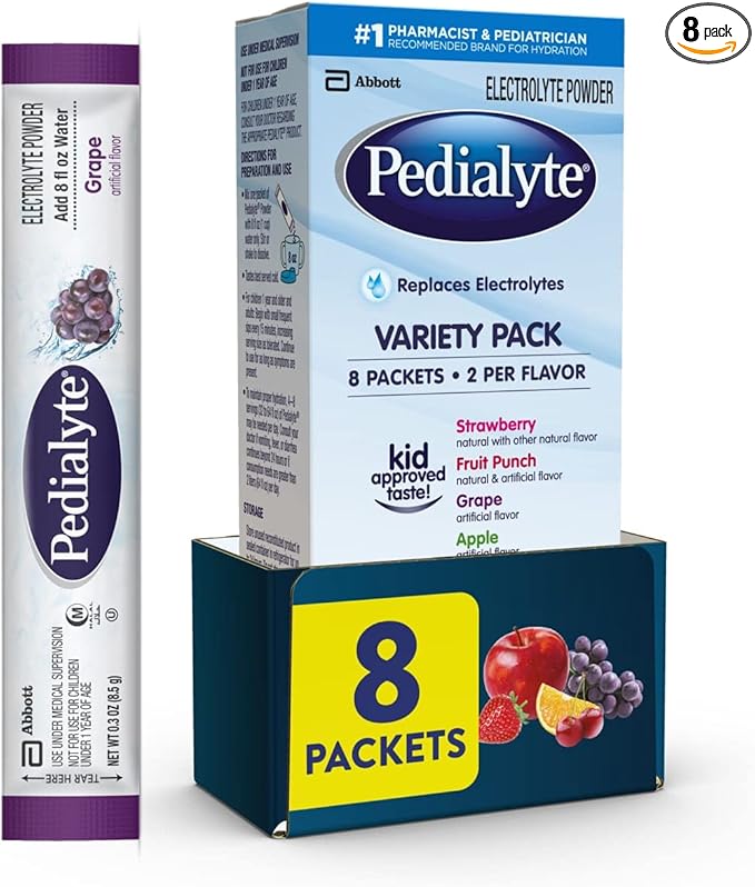 Pedialyte Electrolyte Powder | Hydration Drink for Kids & Adults | Variety Pack: Grape, Strawberry Fruit Punch, and Apple, 8 Powder Packets