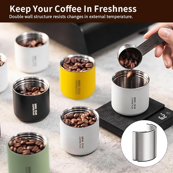 watchget Portable Mini Airtight Coffee Canister for 1cup - Stainless Steel Coffee Bean Storage with CO2 Releasing Valves, Compact and Travel-Friendly Container for 1oz/30g Beans, Grounds, Green