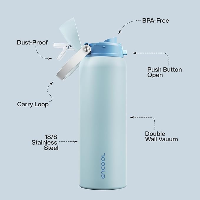 Insulated Water Bottle with Straw - Encool Stainless Steel Water Bottle with Push Button Lid, Leak-Proof & BPA-Free, Keeps Cold for 24 Hours for Sports, Travel, Gym (40 oz, Jungle Mist)