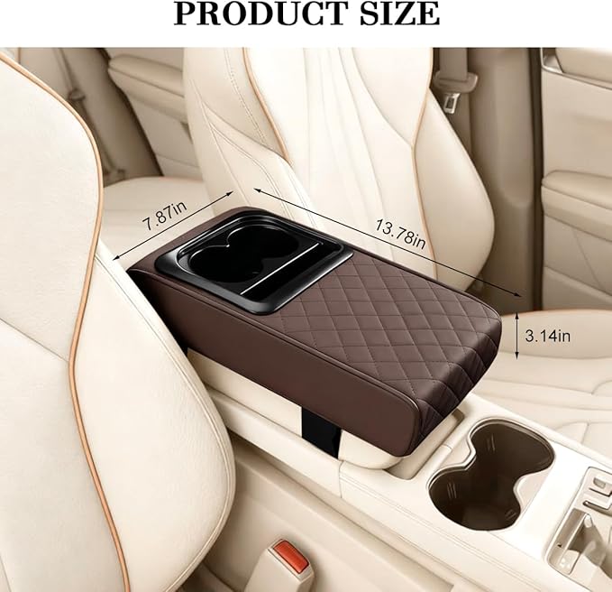 Car Center Console Armrest Pillow, Leather Vehicle Middle Console Protection Cushion with Cup & Phone Holder, Waterproof Automotive Arm Rest Box Cover, Universal Fit (Coffee Rhombus)