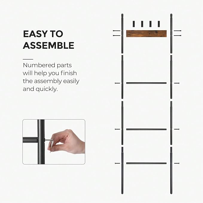 Blanket Ladder, 5-Tier with 4 Removable Hooks, Steel and Particleboard, Black, 17.3x63 Inch, Anti-Tip Kit Included