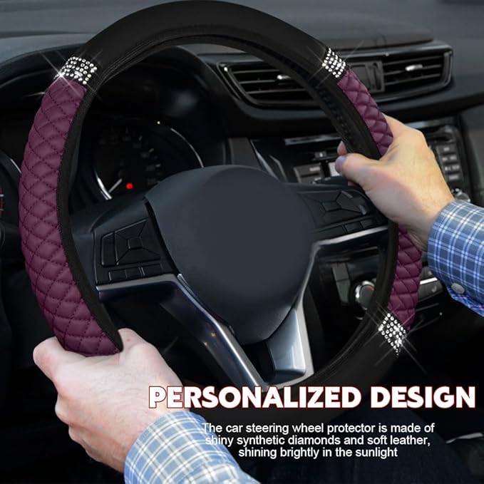 Car Steering Wheel Cover, Steering Wheel Accessories, Breathable Microfiber Leather Auto Wheels Protector, Universal 15 Inch Anti-Slip Protector for SUV Sedan Truck (Bling-Purple)