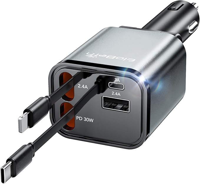 Retractable Car Charger Adapter for iPhone 17,4 in 1 Fast Charging Car Phone Charger,69W USB C Car Truck Accessories,Road Trip Essentials Gift for Men Women for iPhone 17 Pro Max/16/15/14,Galaxy S26