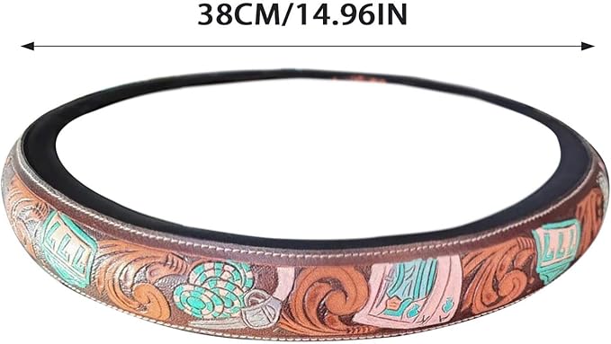 Steering Wheel Cover Western Car Tooled Leather Retro Cowboy Car & Truck Accessory, Universal 15 Inch Non Slip Wheel Cover for SUV, Pickup, Comfortable Grip, Easy to Install (Coffee)