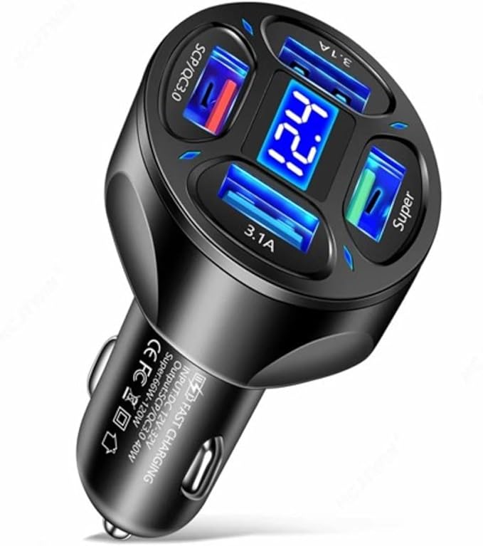 66W 4 Ports: USB Cigarette Lighter Adapter,Super Port Voltage Monitor LED Display Fast Charging Cigarette Adapter. Compatible with iPhone Series, Samsung Devices Google Pixel (Black)