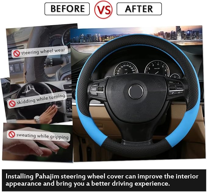 Pahajim Car Steering Wheel Cover for Women Men Universal PU Leather Steering Wheel Accessories Anti Skid 14.5-15 Inch (37-38cm) Forro Volante Carro (Black)