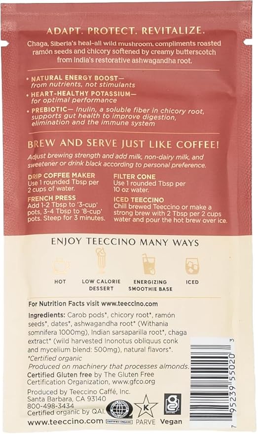 Teeccino Mushroom Adaptogen Herbal Coffee Sampler - 6 Trial-Size Packets - Chaga Ashwaganda, Reishi Eleuthero, Tremella Tulsi, Cordyceps Schisandra, Turkey Tail Astragalus, Lion’s Mane Rhodiola