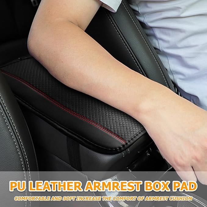 Car Armrest Seat Box Cover, Comfortable Leather Automotive Center Console Cushion Pad, Soft Waterproof Vehicle Arm Rest Protector Mat Accessories, Universal for RV, SUV, Truck (Black/Red)