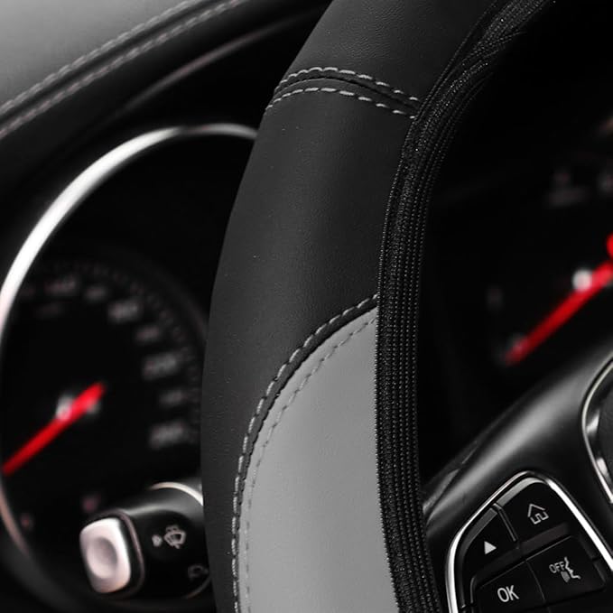 Car Steering Wheel Cover, Leather Elastic No Inner Ring Vehicle Steering Wheel Protector for 14.5-15Inch, Anti Slip Auto Interior Protection Accessories, Universal for SUV Sedan Truck (Gray)