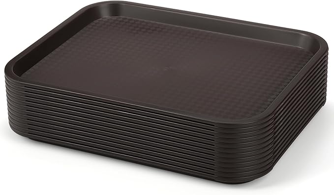 Yarlung 12 Pack Plastic Fast Food Trays, 13.7 x 10.5 Inch Rectangular Cafeteria Trays Restaurant Serving Tray for Coffee Table, Kitchen, Party, Brown
