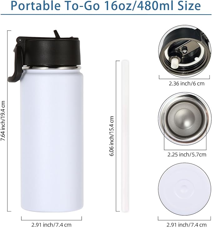 Volhoply Kids Insulated Water Bottle with Straw,16oz Stainless Steel Cold Water Bottles for School,BPA-Free Metal Wide Mouth Cups with Handle Lid,Reusable Double Wall Vacuum Sport Flask(White,1)