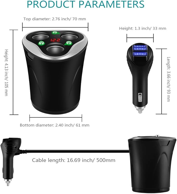 Skyocean 3 Socket Cigarette Lighter Splitter Power Adapter + 3 USB Car Charger 120W 12V/24V DC Outlet with Volt Meter, On/Off Switch for Cell Phone GPS Dash Cam & All Electronic Devices (Black)
