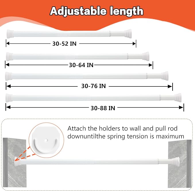 Closet Rod - 30-64 Inches, No Drilling Closet Rod Extender Hanging - White Adjustable Clothes Hanging Bar, for Closet, Bathroom, Windows with No Drilling Holder