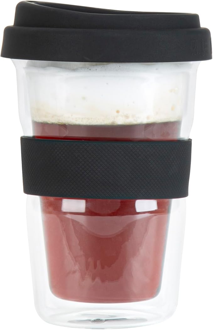 Restaurantware Glass Travel Mug 1 Count 14 Ounce Double Wall Borosilicate Reusable Coffee Cup, Spill-Resistant Black Silicone Lid, Clear Drinkware Mug for Hot and Cold Beverages