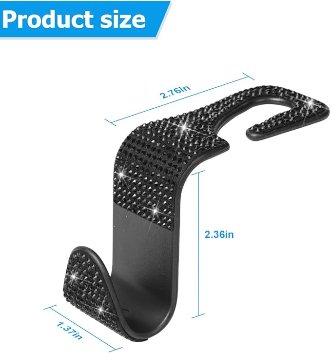4PCS Bling Car Seat Headrest Hooks, Vehicle Back Seat Purse Handbag Hanging Holder with Crystal Rhinestone, Diamond Storage Organizer Hook, Universal Automotive Accessories (Black)