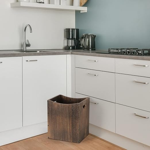 Vrisa Wood Trash Can 5.3 Gallon Office Wastebasket Farmhouse Rectangular Garbage Can with Built-in Handles Small Trash Can for Bedroom Office Kitchen Bathroom Under Desk Large Storage