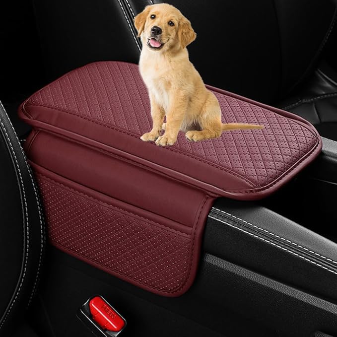 Upgraded Car Center Console Cover,Microfiber Leather Car Armrest Cover Cushion with 2 Storage Bags,Universal Car Armrest Storage Box Car Interior Accessories for Most Vehicles (Wine red)