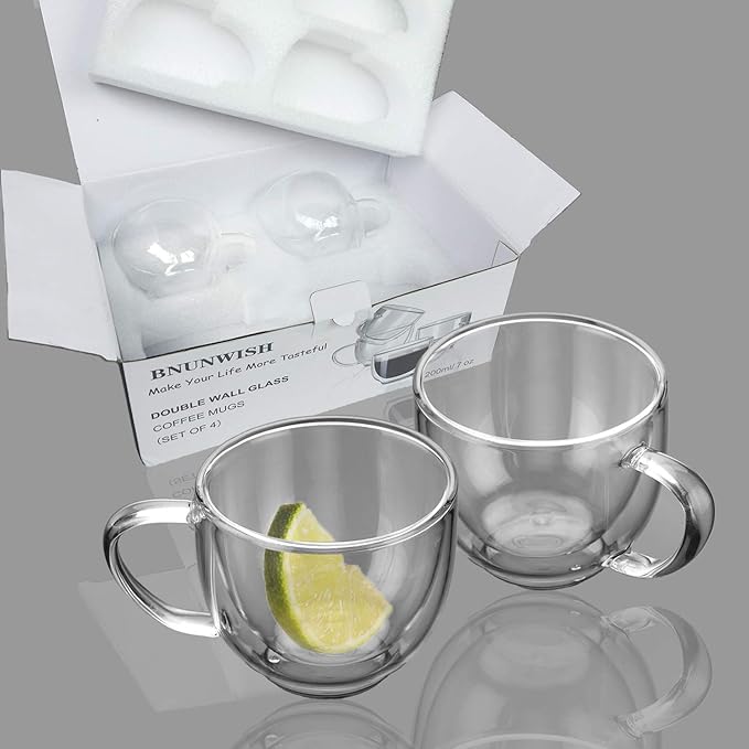 Double Wall Glass Expresso Coffee Mugs Set Of 4 (7 OZ / 200 ML) Insulted Clear Cappuccino Coffee Mugs Tea Cups