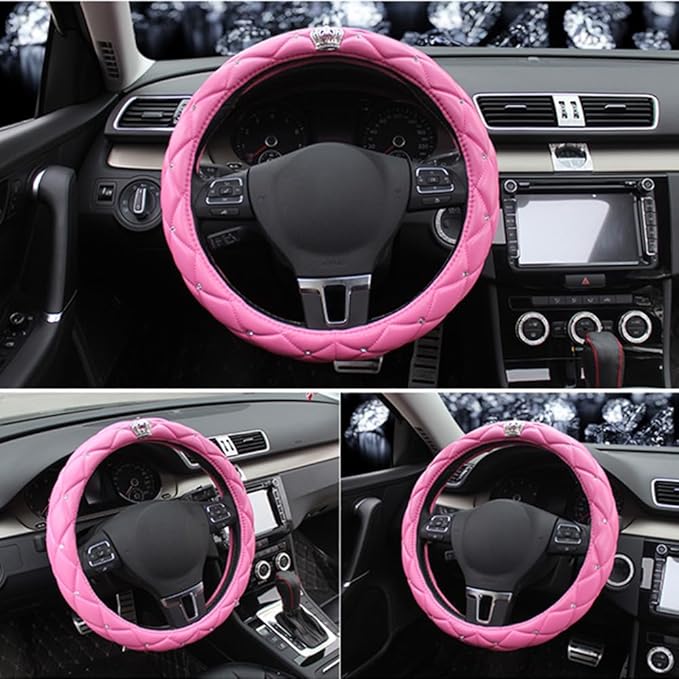 Colorful Universal 15Inch Car Steering Wheel Covers Women Leather Steering Cover Cute Steering Wheel Protector (Candy-Pink)
