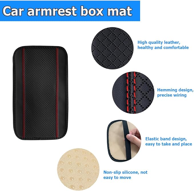 Armrest Pad for Car, PU Leather Auto Center Console Cushion Mat, Four Seasons Automotive Armrest Seat Box Cover, Universal Vehicle Interior Accessories for SUV, Truck, Van (Black/Red)