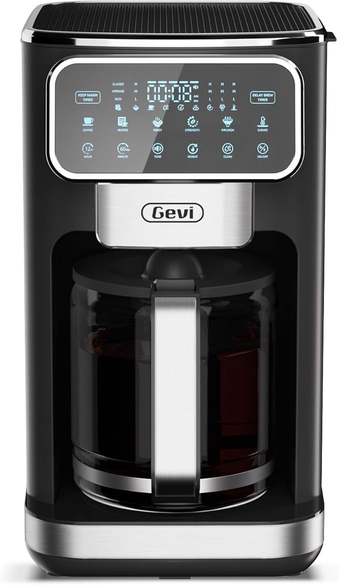 Gevi 12-Cup Programmable Coffee Maker with Touchscreen, Strong Brew & Iced Coffee Options, Auto Shut-Off, 4-Hour Keep Warm, Glass Carafe, Anti-Drip System, Permanent Filter Included