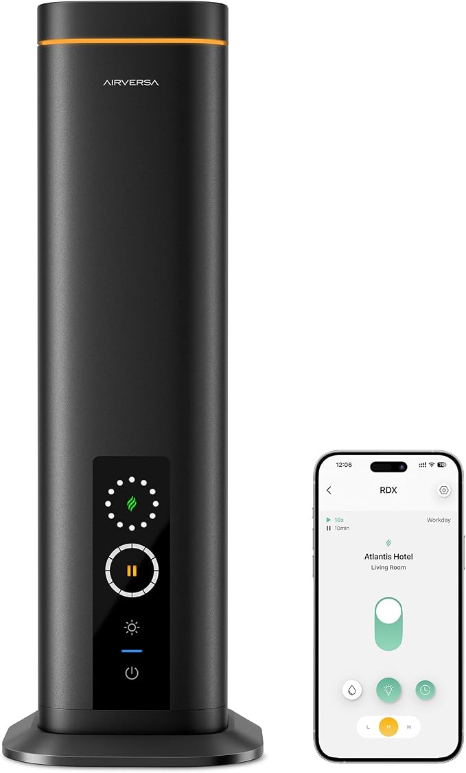 Airversa Waterless Diffuser, Smart Tower Diffuser with App Control, Cold Air Scent Diffuser Oil Machine for Homes Offices Hotels, 300mL Capacity, Up to1500 sq ft, DC-12V/1A Plug, RDX Black