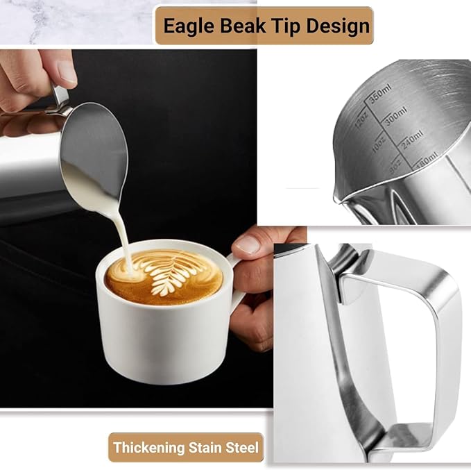 Milk Frothing Pitcher, 350ml (12oz) Milk Frother Cup Stainless Steel Jug Steaming Pitcher, Milk Coffee Cappuccino Latte Art Barista Steam Pitchers Milk Jug Cup with 2Pcs Decorating Pen