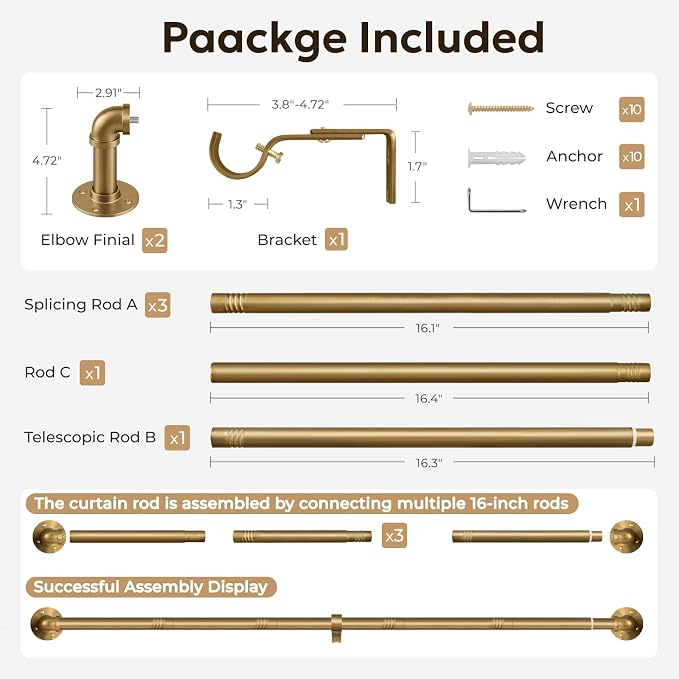 Zeerobee Curtain Rods for Windows 48 to 84, 1 Inch Industrial Wrap Around Warm Gold Curtain Rod, Indoor/Outdoor Room Divider Adjustable Drapery Pole, 48"-86"
