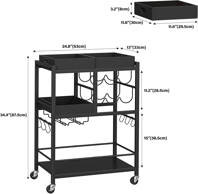 TUTOTAK Bar Cart, Home Bar Serving Cart, 3-Tier Kitchen Cart on Wheels, Rolling Beverage Cart with Wine Rack and Glass Holder, Black BC01BK037