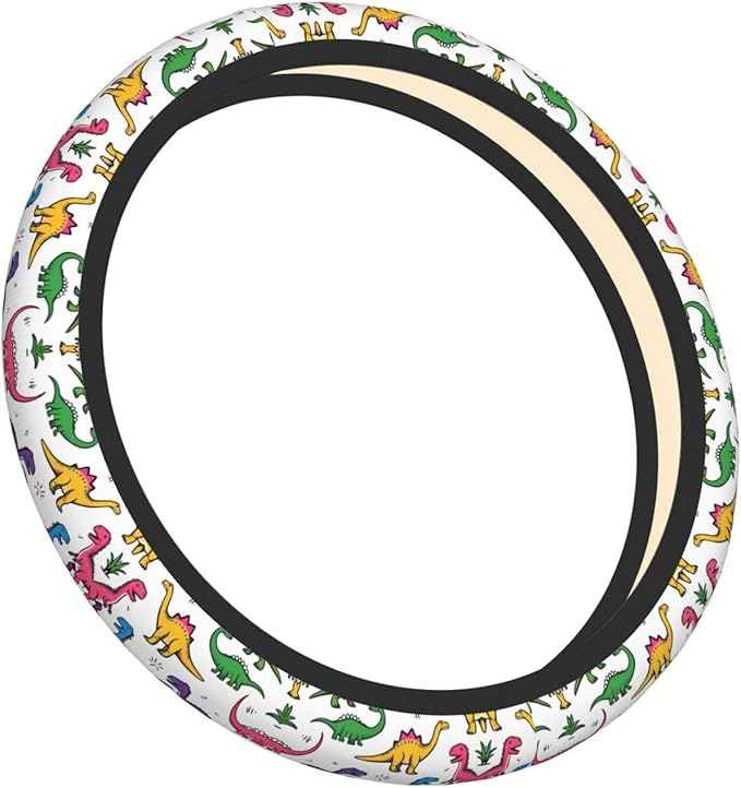 Rainbow Watercolour Dinosaurs Neoprene Steering Wheel Covers Women Men Car Accessories, Universal 15 Inch Fit Auto, Suvs, Truck