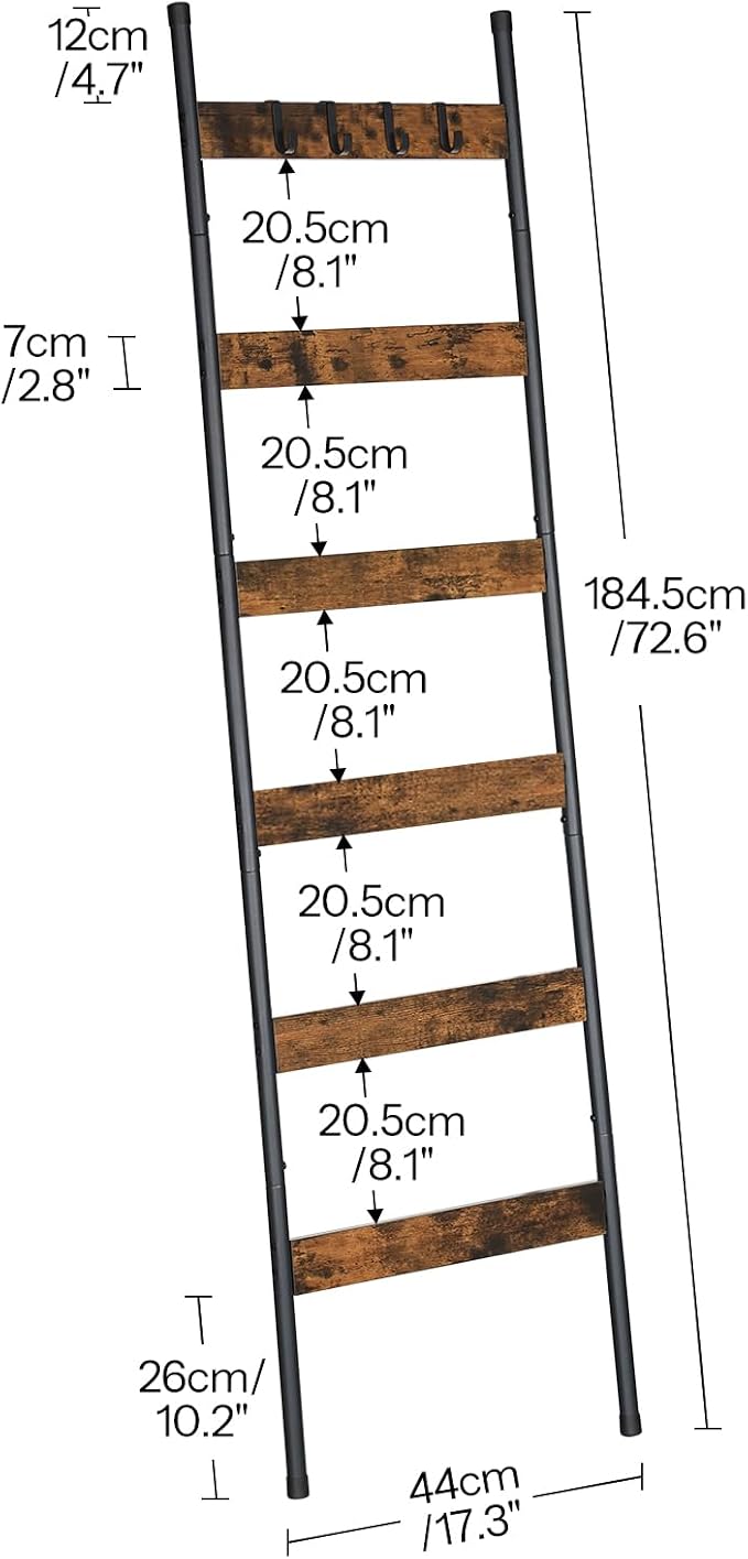 HOOBRO Blanket Ladder with Basket and 6-Tier Towel Rack with Hooks Bundle, Blanket Holder Rack, Decorative Shelf, Drying and Display Rack for Bathroom, Living Room, Rustic Brown BF31CJ01-BF66CJ01