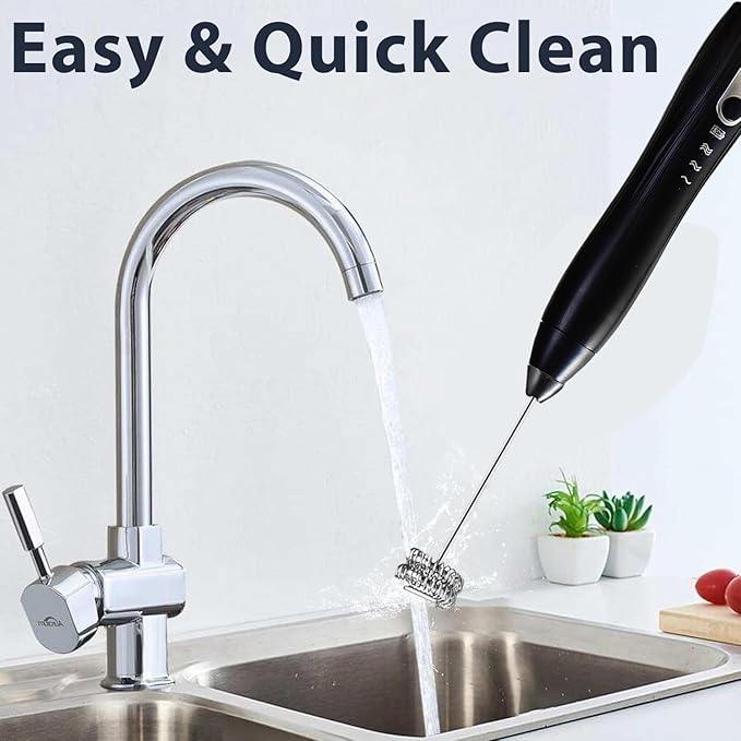 Rechargeable Milk Frother Handheld with Stand, Coffee Foam Frother Wand, Detachable Stainless Steel Whisk Drink Mixer for Coffee, Cappuccino, Lattes, Frappe, Matcha,Egg and Hot Chocolate, (Black)