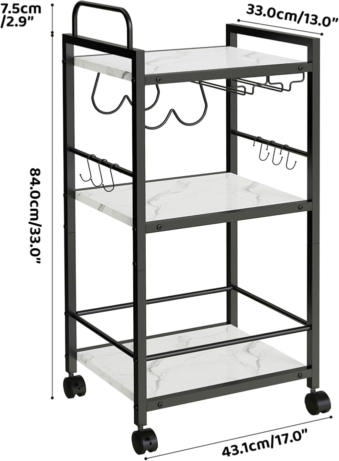 Bar Cart for The Home, 3 Tier Kitchen Carts with Wheels, Small Rolling Cart with Glass Holders, Wine Rack, Mini Bar Cart for Kitchen, Dining room, Living Room, 13.0"D x 17.0"W x 33.8"H, Marble White