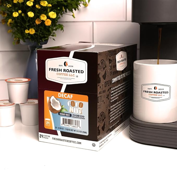 Fresh Roasted Coffee, Decaf Coconut, Flavored Coffee Pods, 24 Count