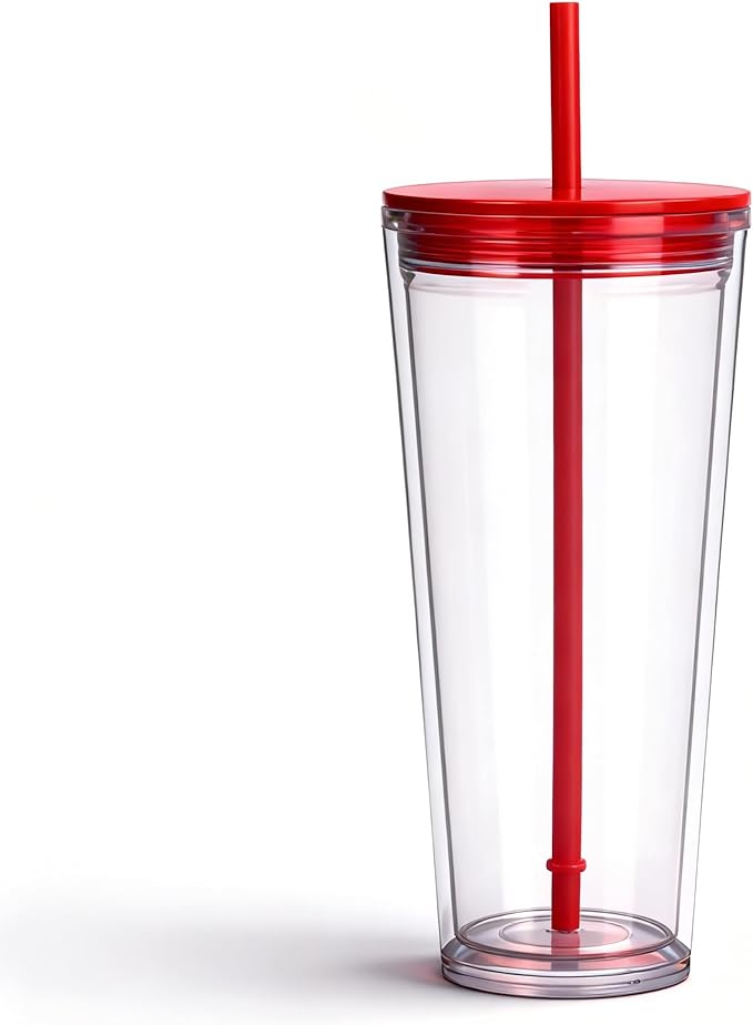 24oz Tumbler with Lid and Straw, Leak Proof and Double Wall Insulated Reusable Plastic Cups,Travel Reusable Iced Coffee Cup (1, Red)