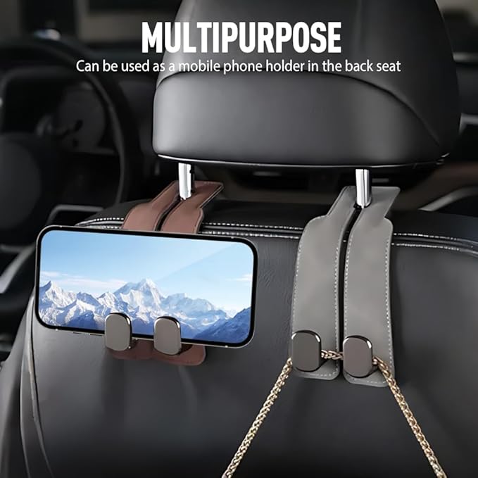 Car Seat Back Storage Hook, 2026 New Two Hook Fur Leather Seat Back Headrest Hanger Genuine Leather Double Metal Hook for Backseat Organizer, Car Organization Accessories (4, Brown)