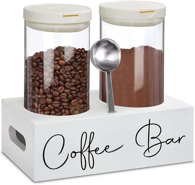 Glass Coffee Containers with Shelf & Scoop, 2 Pcs 48OZ Coffee Storage Jars with Airtight Lid for Coffee Beans, Coffee Powder, Nuts, Snack, Sugar, Tea,White