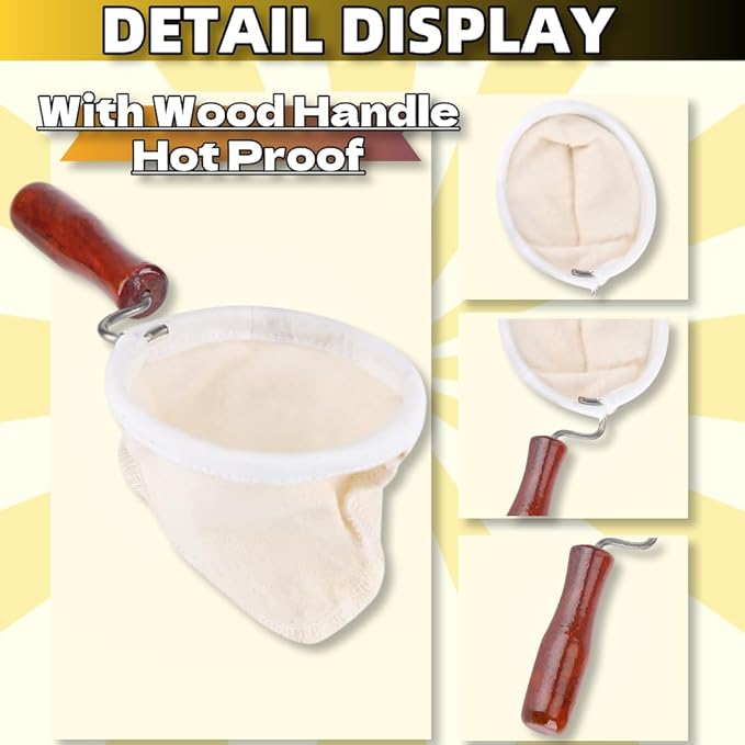 WenTigDY Cloth Coffee Sock Filter,7.3 x 3.9 inches Handmade Coffee Filter Washable Reusable Flannel Coffee Strainer Colador de Cafe de Tela with Wooden Handle for Home Office Use