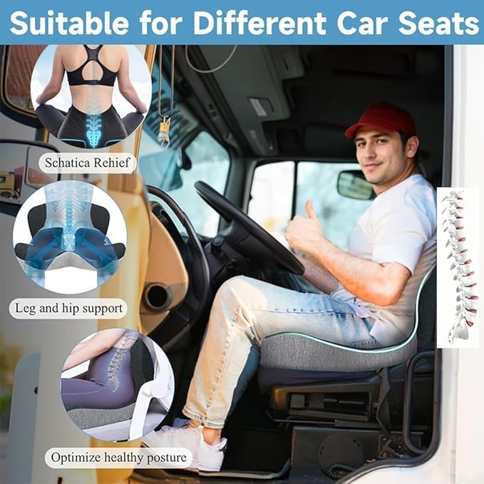 Seat Cushion Memory Foam Pads Seat Cushion for Truck Driver,Office Chair Cushion Home Chair Ergonomic Back Support Memory Foam Chair Cushion for Long Sitting Office Worker (Dark Grey)
