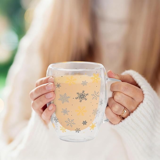 JarThenaAMCS Christmas Double Wall Glass Coffee Mugs 12Oz Gold Silver Snowflake Insulated Glasses Clear Espresso Cups with Handle for Winter Xmas Holiday Supplies, Set of 2