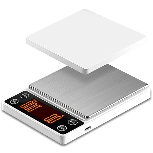 Espresso Scale with Timer 3kg/0.1g Accuracy Coffee Bean Scale Digital Portable Rechargeable Auto Tare Smart Water Flow White