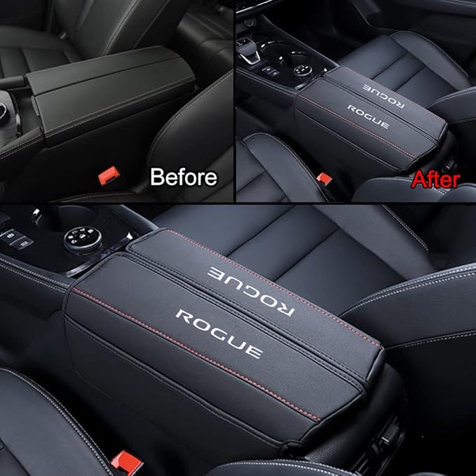 XITER 1PC Leather Center Console Armrest Cover with Side Pockets for Nissan Rogue 2021 2022 2023 2024 2025 2026 Accessories(Red Stitches)