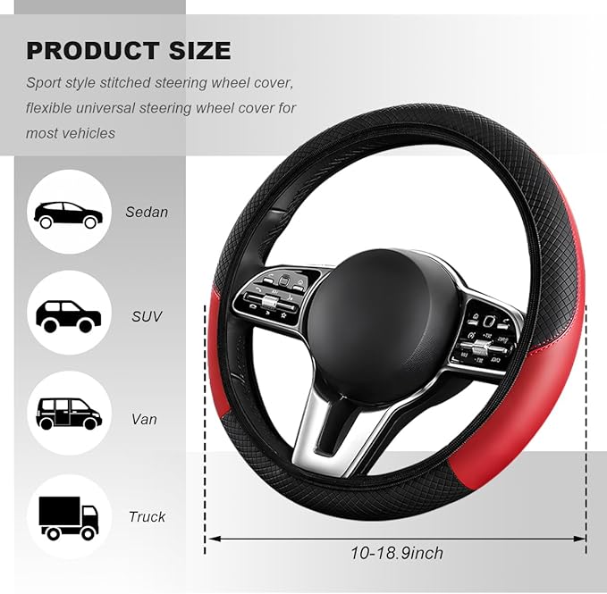 Car Steering Wheel Cover, 15 Inch Carbon Fiber Elastic Vehicle Steering Wheel Protector, Breathable Leather Auto Wheel Covers for Women Men, Interior Car Accessories (Black & Red, AD)