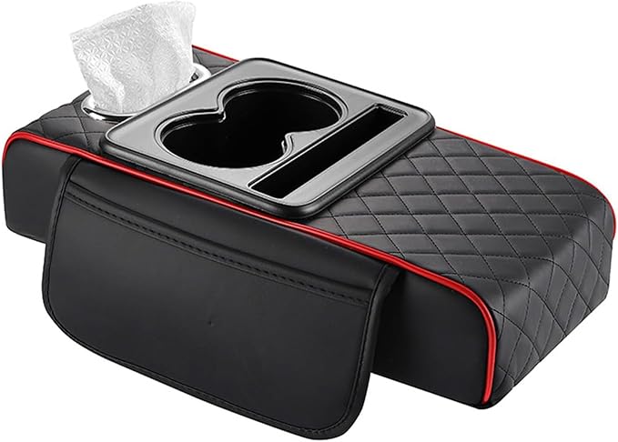 Car Center Console Cover for Hyundai Tucson 2021-2024, Leather Armrest Cushion Protector Pad with Tissue Box Holder Storage Pockets Cup Holder Phone Slot, B/Black-red