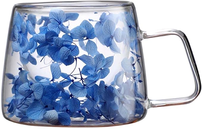 Generic Double Wall Insulated Glass Cup,Dried Flower Mug with Handle,Creative Transparent Coffee Cups,Gift for Women Mom Female (Blue)